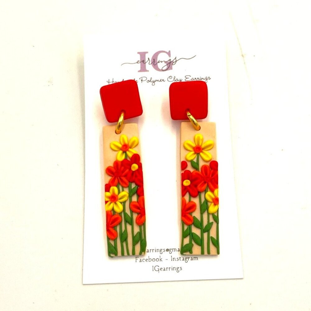 Polymer Clay Earrings‎ Post Dangle Floral Handmade Colorful Boho Artsy Garden